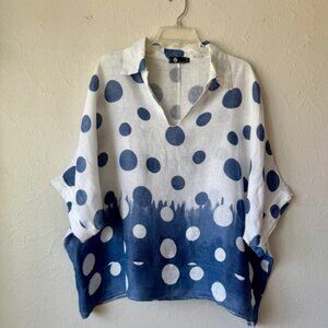 M Made in Italy Johnny Collar 3/4 sleeve Polka Dot Linen Blouse